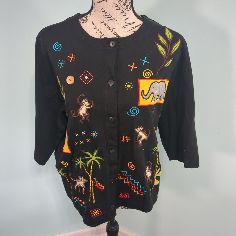 ONQUE Embroidered Elephants Monkey Palm Trees Tunic Cardigan Top Shirt large